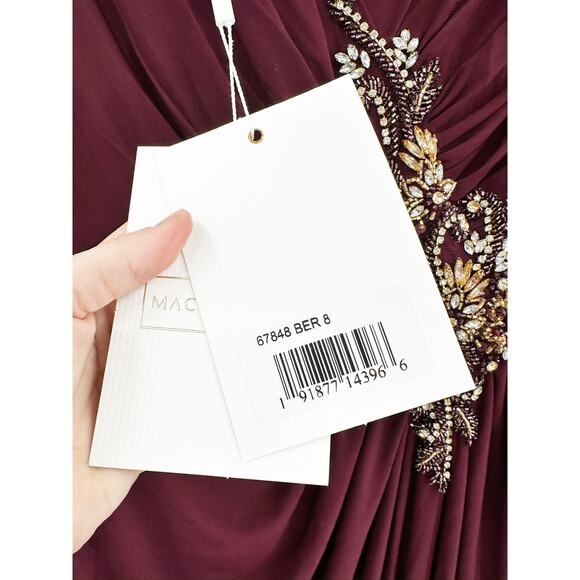 Mac Duggal 67848 Red Berry Faux Wrap Maxi Gown Beaded Bodice 8 NWT - Picture 6 of 8